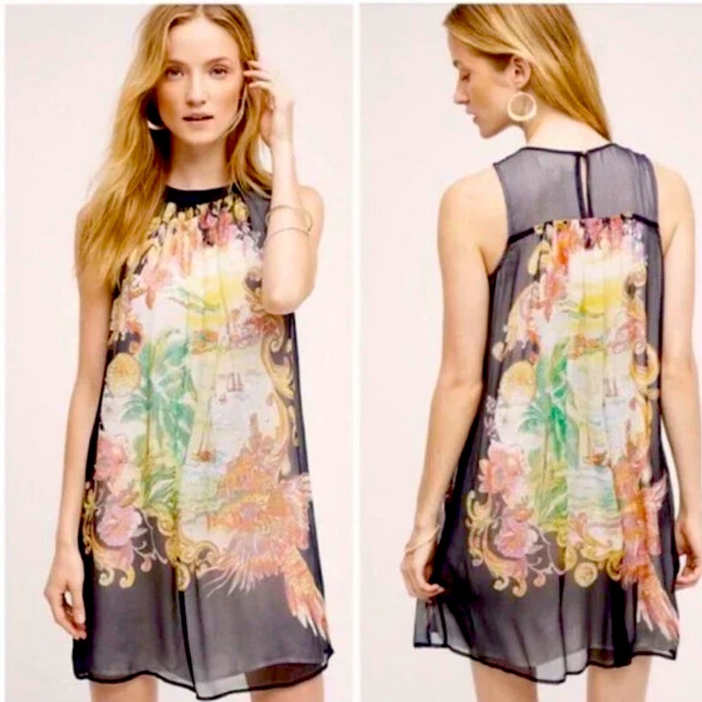 Anthropologie Moulinette Souers 100% silk dress, island print, size 6